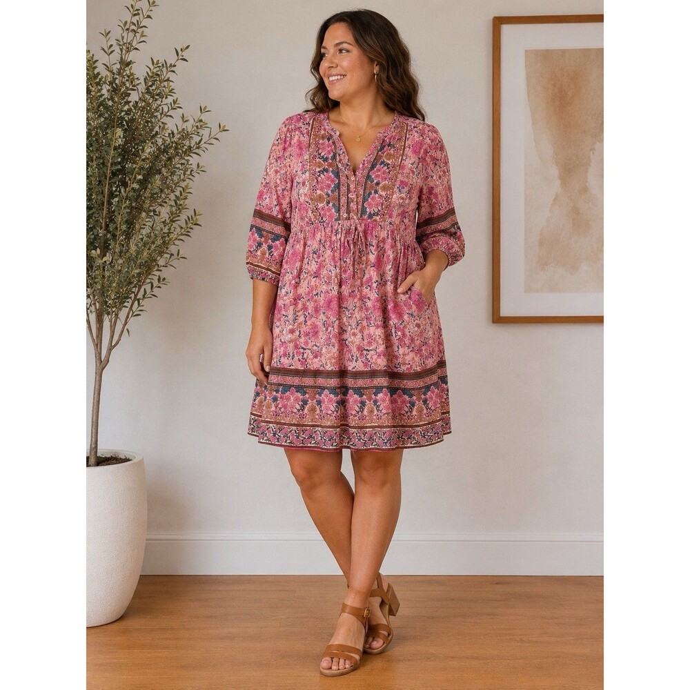 Chigant Womens XL Boho Floral Tunic Top Pink Paisley Peasant 3/4 Cottagecore